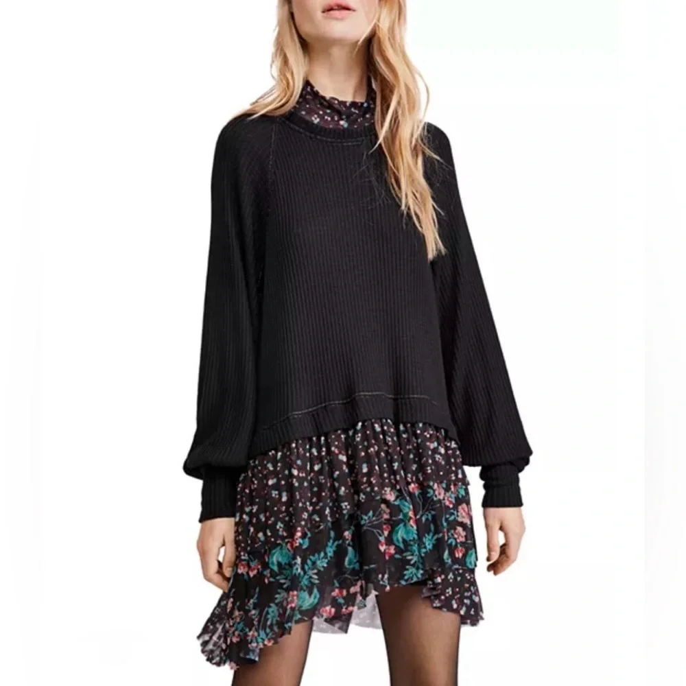 FREE PEOPLE Opposites Attract Mini Dress Black Floral Boho Ruffle Size M - Picture 2 of 8